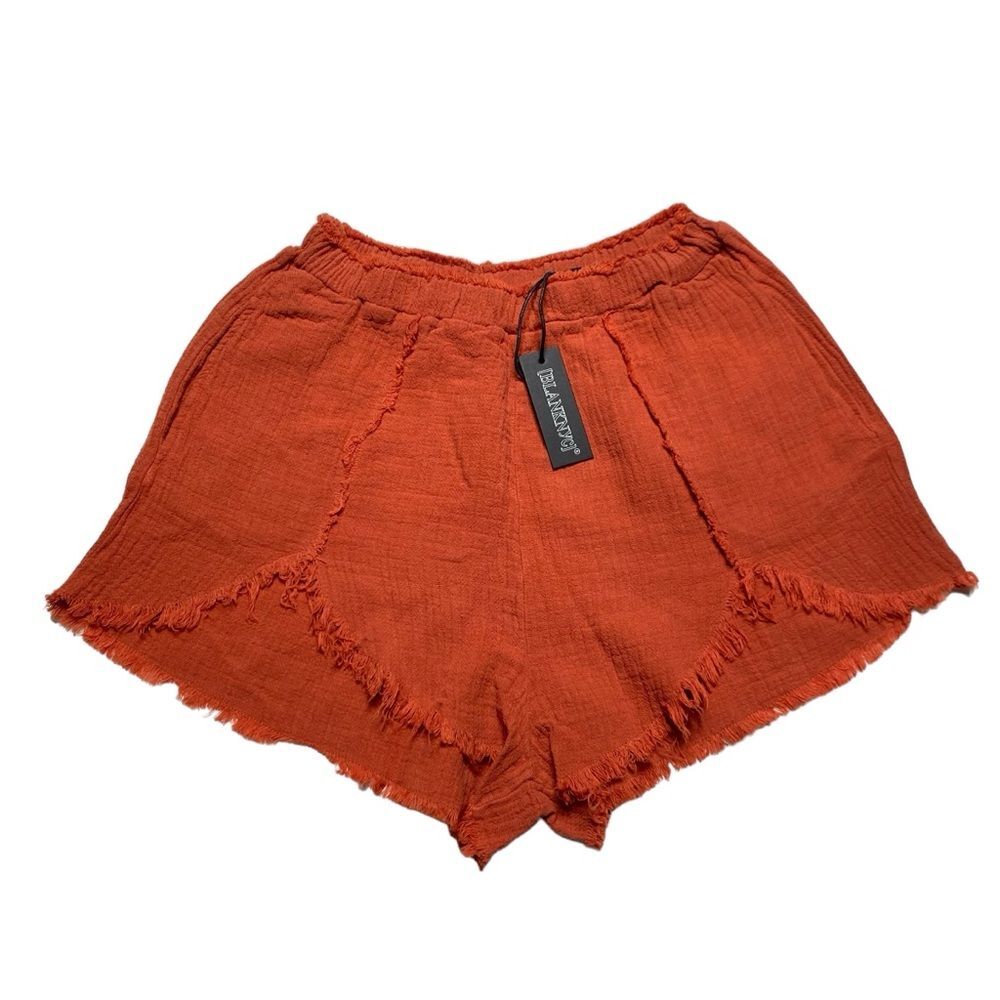 NWT Blank NYC 100% Cotton Elastic Waist Shorts Raw Frayed Rust Pockets Sz S